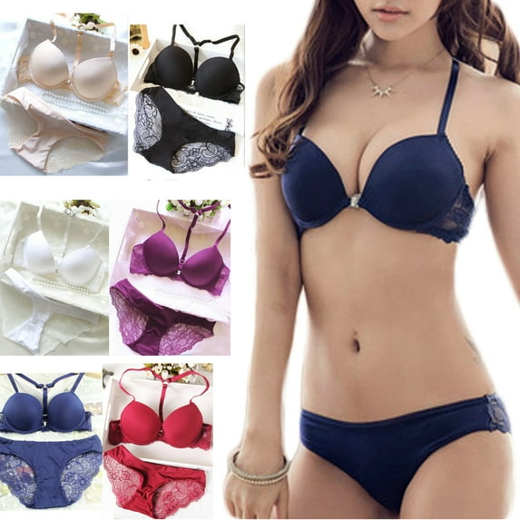 Women Lace Raceback Brassiere Brief Underwear Set,Front Closure Bra+Panty
