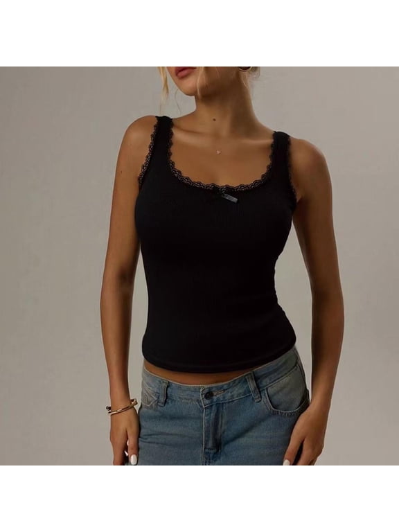 Women Lace Ribbed Knit Cami Teen Girls Cute Sleeveless Casual Soft Stretchy Tank Tops Summer Undershirt Black S