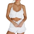 thumbnail image 1 of Women Lace Ruffle Trim Cami Top and Shorts Lounge Set Soft Homewear Two-Piece Outfit, 1 of 7