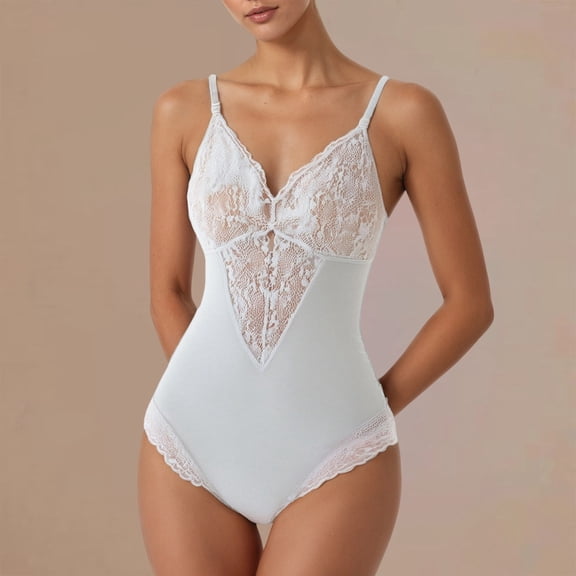 Women Lace Shapewear Bodysuit Lifting Function Seamless Control Body Fajas Push Up, M, White