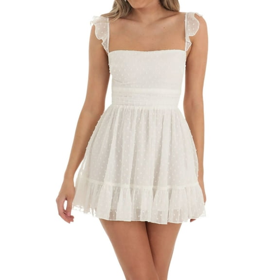 Women Lace Short Bodycon Dresses Vintage Ruffle A-Line Mini Dress Elegant Backless White Sundress Y2K Clubwear