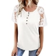 thumbnail image 1 of Women Lace Short Sleeve T Shirt Button Front Pure Color Crew Neck Loose Fitting Summer Top White S, 1 of 6