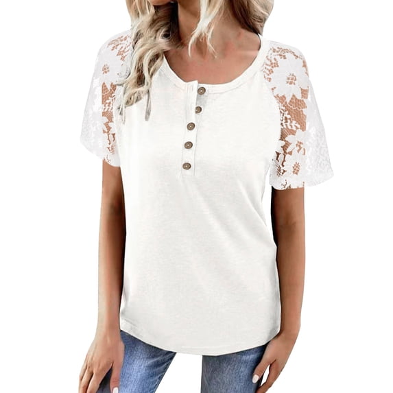 Women Lace Short Sleeve T Shirt Button Front Pure Color Crew Neck Loose Fitting Summer Top White S