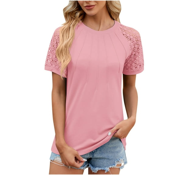 Women Lace Short Sleeve T Shirt Summer Dressy Casual Tops Solid Crewneck Tee Elegant Pleated Blouse