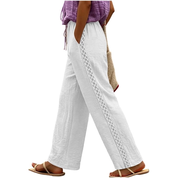 Women Lace Side Wide Leg Pants, Drawstring Elastic Waist Trousers, Side Pocket Loose Casual Pants, Boho Vacation Daily Pants