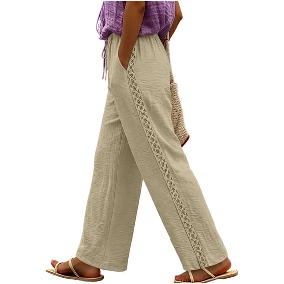 Women Lace Side Wide Leg Pants, Drawstring Elastic Waist Trousers, Side Pocket Loose Casual Pants, Boho Vacation Daily Pants