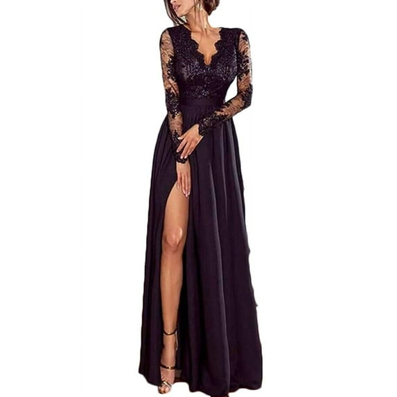 Women Lace Sleeve Maxi Dress Evening Party Gowns Formal Cocktail Wedding Dress