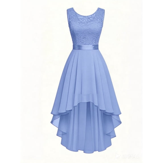 Women Lace Sleeveless High Waist Asymmetrical Hi-Lo Chiffon Party Evening Dress