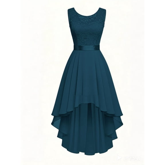 Women Lace Sleeveless High Waist Asymmetrical Hi-Lo Chiffon Party Evening Dress