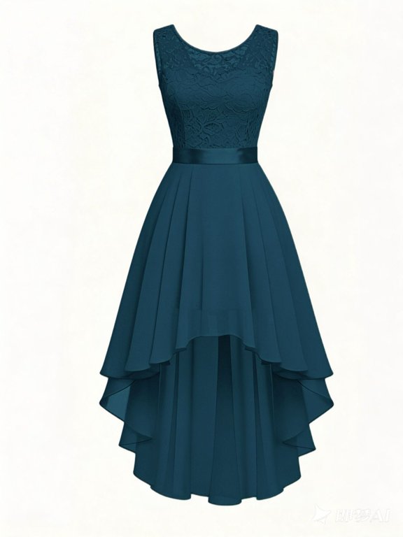 Women Lace Sleeveless High Waist Asymmetrical Hi-Lo Chiffon Party Evening Dress