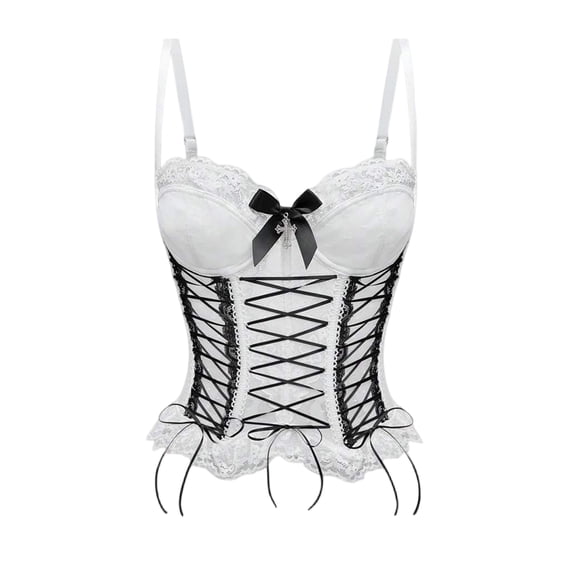 Women Lace Spaghetti Strap Corset Top Bow Cross Lace Up Front Boned Bustier Punk Halloween Party Club Costume Outfit