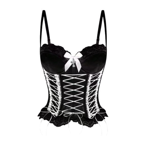 Women Lace Spaghetti Strap Corset Top Bow Cross Lace Up Front Boned Bustier Punk Halloween Party Club Costume Outfit