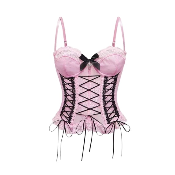 Women Lace Spaghetti Strap Corset Top Bow Cross Lace Up Front Boned Bustier Punk Halloween Party Club Costume Outfit
