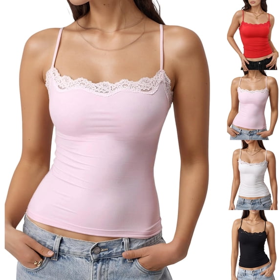 Women Lace Tank Top Double Lined Spaghetti Strap Going Out Camisole Shirt Beige M
