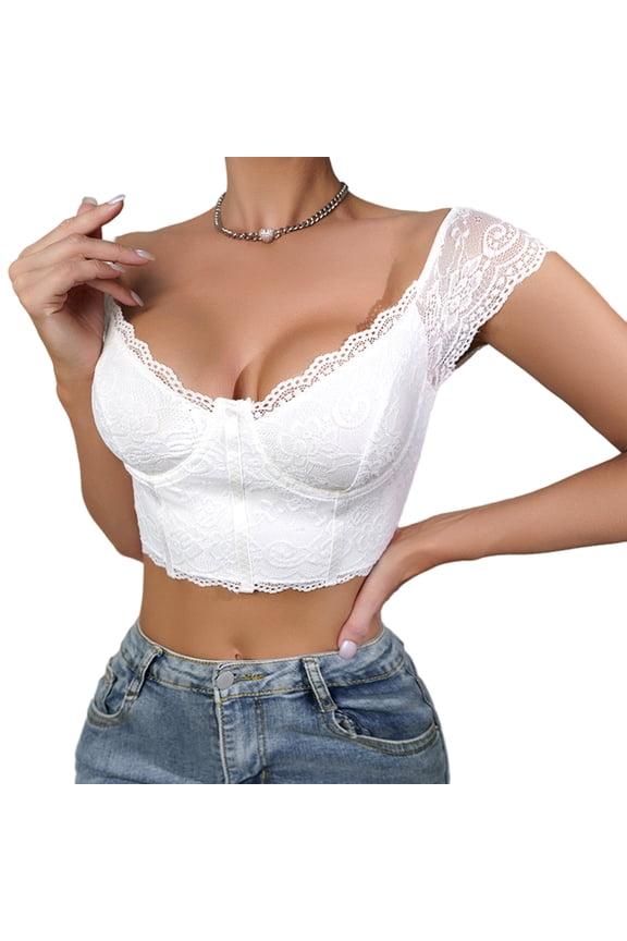 Women Lace Top, Off-shoulder Underwire Lightweight Summer Bustier Crop Top T-shirt