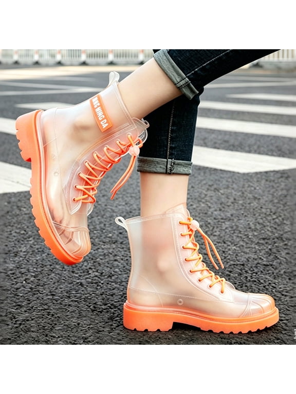Women Lace Up Transparent Mid Calf Rain Boots, Matte Clear Rubber Martin Style Mud Boots, Chunky Tread Non Slip Sole Fashion Street Footwear Orange 37