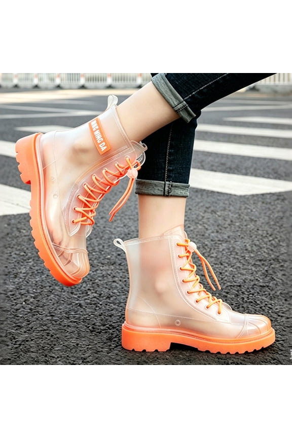 Women Lace Up Transparent Mid Calf Rain Boots, Matte Clear Rubber Martin Style Mud Boots, Chunky Tread Non Slip Sole Fashion Street Footwear Orange 40
