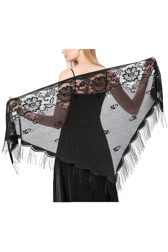 Women Lace Triangle Wraps Floral Mesh Shawls with Fringe 1920s Wedding Evening Party Dresses Scarves