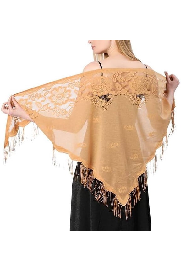 Women Lace Triangle Wraps Floral Mesh Shawls with Fringe 1920s Wedding Evening Party Dresses Scarves