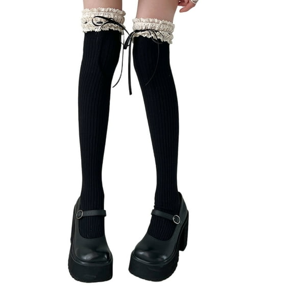 Women Lace Trim Bows Over Knee Socks Student Cotton Warm Thigh High Stockings