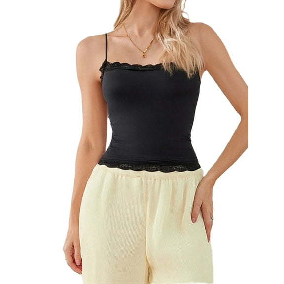 Women Lace Trim Cami Sleeveless Spaghetti Strap Camisoles Square Neck Crop Top Summer Streetwear