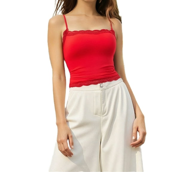 Women Lace Trim Cami Sleeveless Spaghetti Strap Camisoles Square Neck Crop Top Summer Streetwear