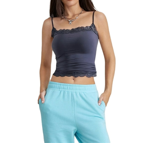 Women Lace Trim Cami Sleeveless Spaghetti Strap Camisoles Square Neck Crop Top Summer Streetwear