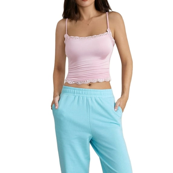 Women Lace Trim Cami Sleeveless Spaghetti Strap Camisoles Square Neck Crop Top Summer Streetwear