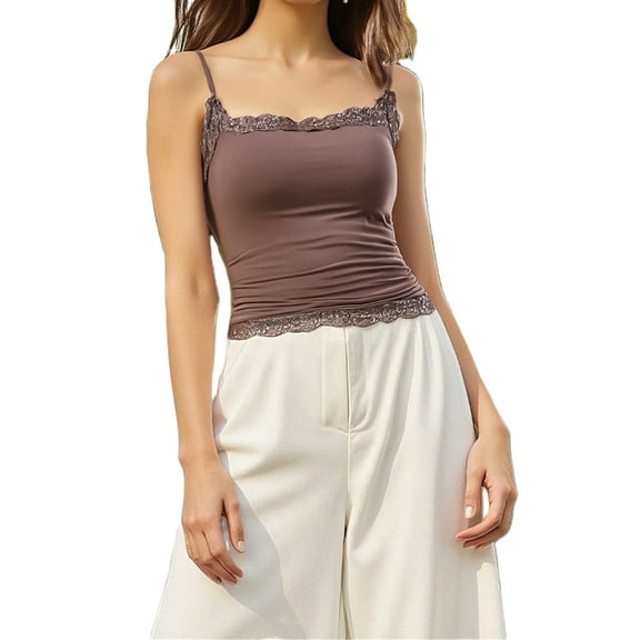 Women Lace Trim Cami Sleeveless Spaghetti Strap Camisoles Square Neck Crop Top Summer Streetwear