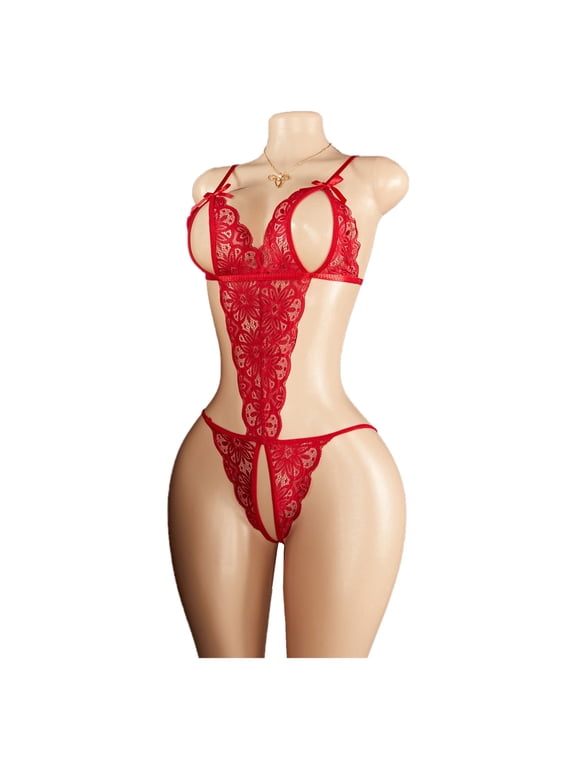 Women's Lace Trim Comfort Bodysuit & Sling Style Bralette Set, Flattering Contour Fit One Piece Red L
