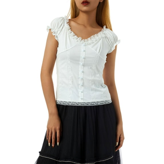 Women Lace Trim Crop Tops V Neck Button Down Short Sleeve T-Shirts Kawaii E-Girl Summer Streetwear
