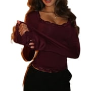 Women Lace Trim Crop Tops Y2K Square Neck Long Flare Sleeve Slim T Shirts Fairy Grunge Basic Top Blouses
