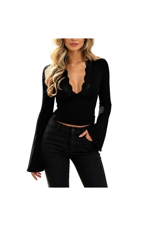 Women Lace Trim Deep V Neck Flare Long Sleeve Top, Slim Fitted Cropped Layering Blouse, Y2K Sexy Club Shirt, Daily Street Dating Casual Tunic