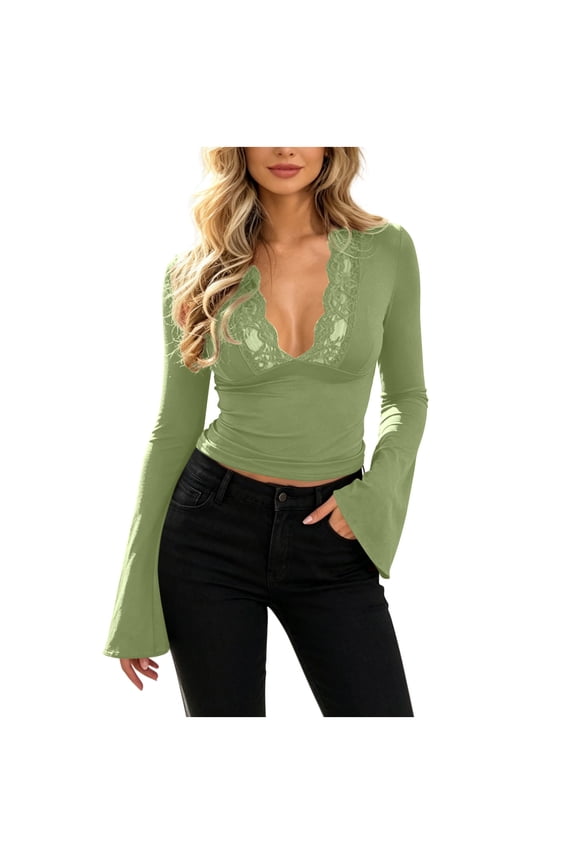Women Lace Trim Deep V Neck Flare Long Sleeve Top, Slim Fitted Cropped Layering Blouse, Y2K Sexy Club Shirt, Daily Street Dating Casual Tunic