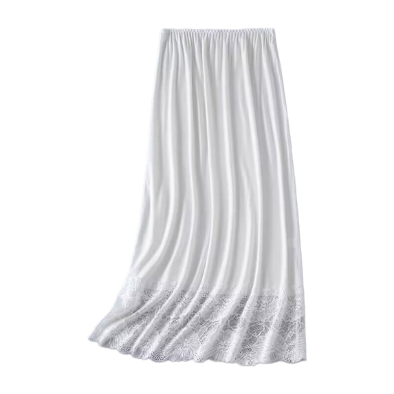 Women Lace Trim Half Slip Long Underskirt Under Dress Slip Elastic Waist Long Petticoat Solid Color Invisible Skirt