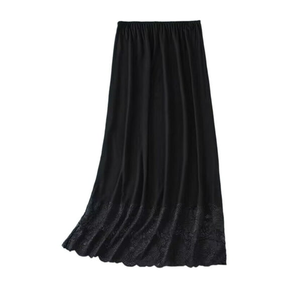 Women Lace Trim Invisible Underskirt Petticoat Half Slip Elastic Waist Solid Color Basic Midi Long Skirt for Under Dress