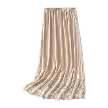 Women Lace Trim Invisible Underskirt Petticoat Half Slip Elastic Waist Solid Color Basic Midi Long Skirt for Under Dress