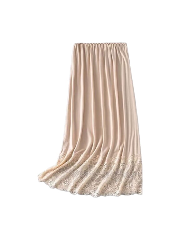 Women Lace Trim Invisible Underskirt Petticoat Half Slip Elastic Waist Solid Color Basic Midi Long Skirt for Under Dress