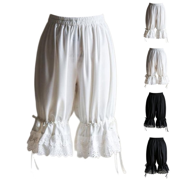 Women Lace Trim Long Bloomers BWASD Elastic Mid Rise Ruffle Pettipants Pantaloons Loose Fit Trousers Y2K Travel Vacation Capri Pants Summer 2026 New (White M)