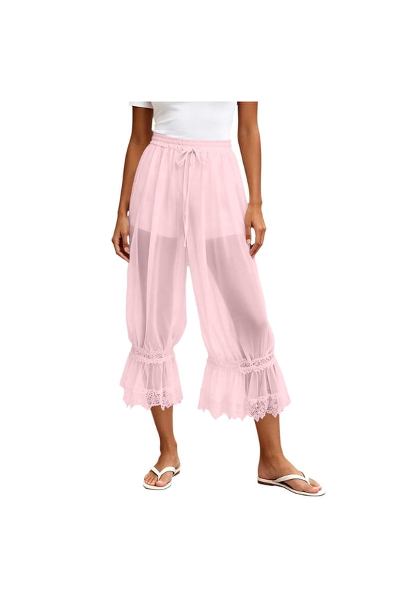 Women Lace Trim Long Bloomers Boho Y2k Elastic Waist Lace Patchwork Pettipants Pantaloons Cropped Pants
