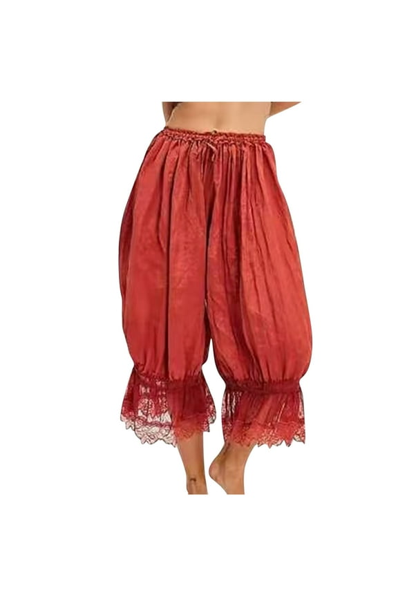 Women Lace Trim Long Bloomers Elastic Mid Rise Ruffle Pantaloons Cropped Flared Slips Pants Pajama Bottoms
