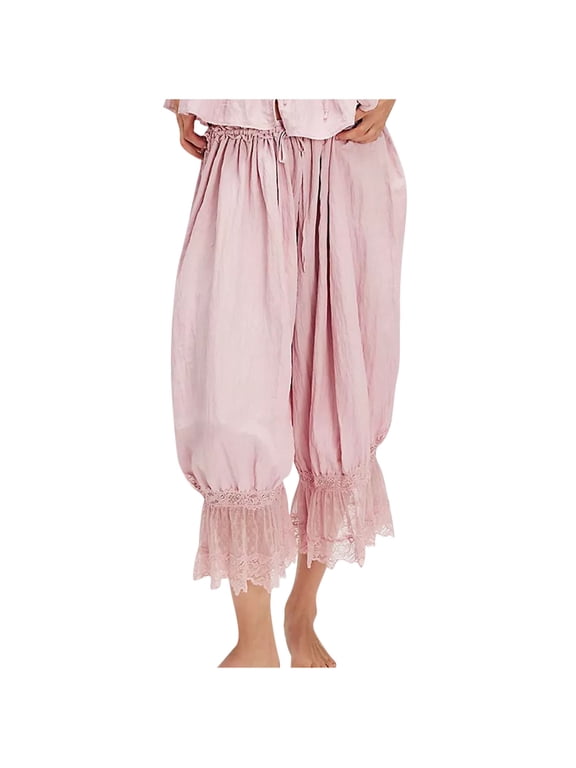Women Lace Trim Long Bloomers Ruffle Pantaloons Cropped Lounge Pajama Bottoms Y2K Capri Pettipants Under Dress Slips
