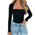 thumbnail image 1 of Women Lace Trim Long Sleeve Crop Tops Cute Square Neck Slim Fit Shirts Going Out Tops Blouse, 1 of 2