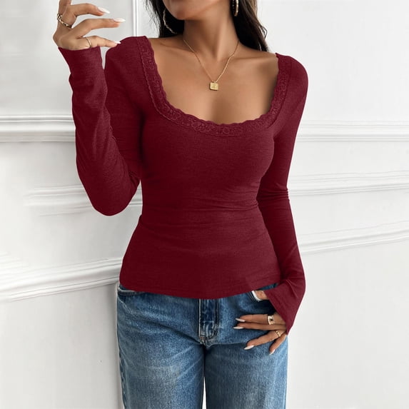 Women Lace Trim Long Sleeve Shirt Fitted Crop Top Y2K Low Cut Going Out Tops Vintage Shirt