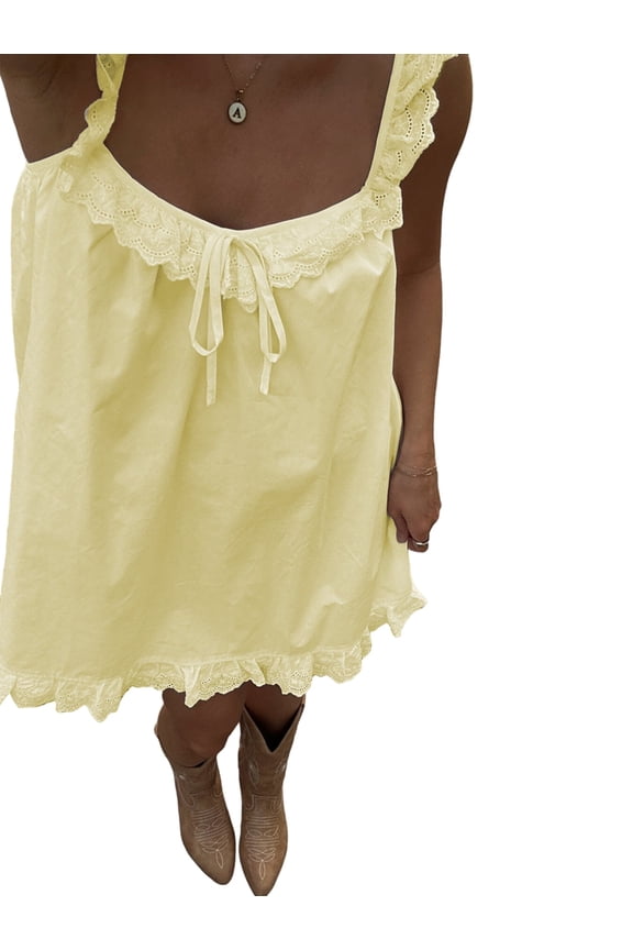 Women Lace Trim Mini Camis Dress Spaghetti Strap Square Neck Short Dress Backless Babydoll Dresses Lemon Yellow M (Short Sleeve Midi Dresses)