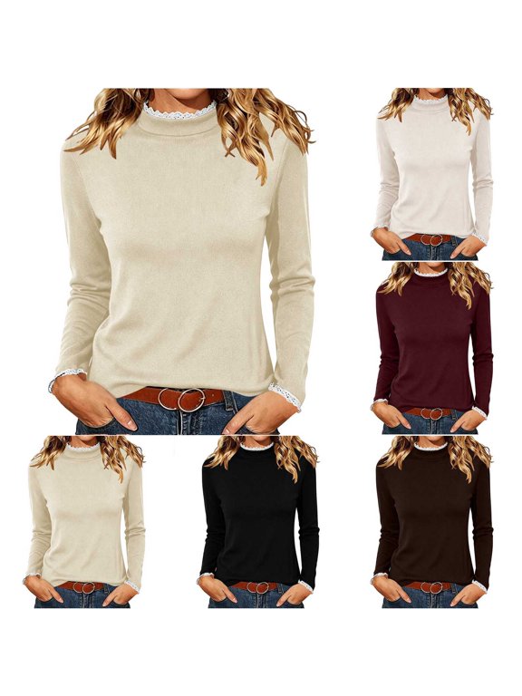 Women Lace Trim Mock Neck Ribbed Slim Fit Long Sleeve Thermal Top Figure Flattering Soft Skin-Friendly Windproof Warm Base Layer Multi Fresh Solid Color Winter Layering Shirt
