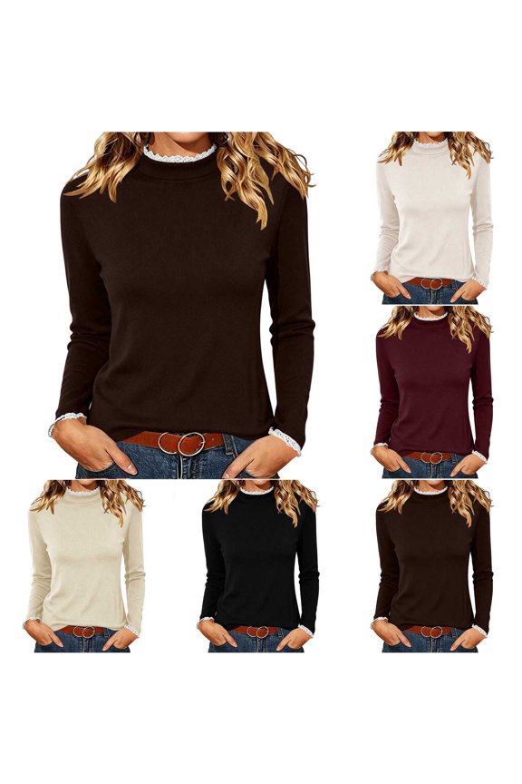 Women Lace Trim Mock Neck Ribbed Slim Fit Long Sleeve Thermal Top Figure Flattering Soft Skin-Friendly Windproof Warm Base Layer Multi Fresh Solid Color Winter Layering Shirt