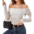 thumbnail image 1 of Women Lace Trim Off Shouder Top Long Sleeve Double Lined Y2k Trendy T Shirts White XL, 1 of 7