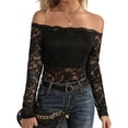 thumbnail image 1 of Women Lace Trim Off Shouder Top Long Sleeve Double Lined Y2k Trendy T Shirts, 1 of 7