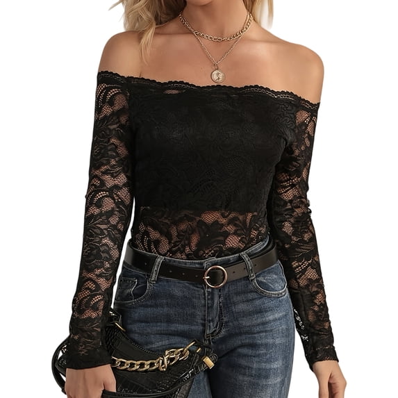 Women Lace Trim Off Shouder Top Long Sleeve Double Lined Y2k Trendy T Shirts